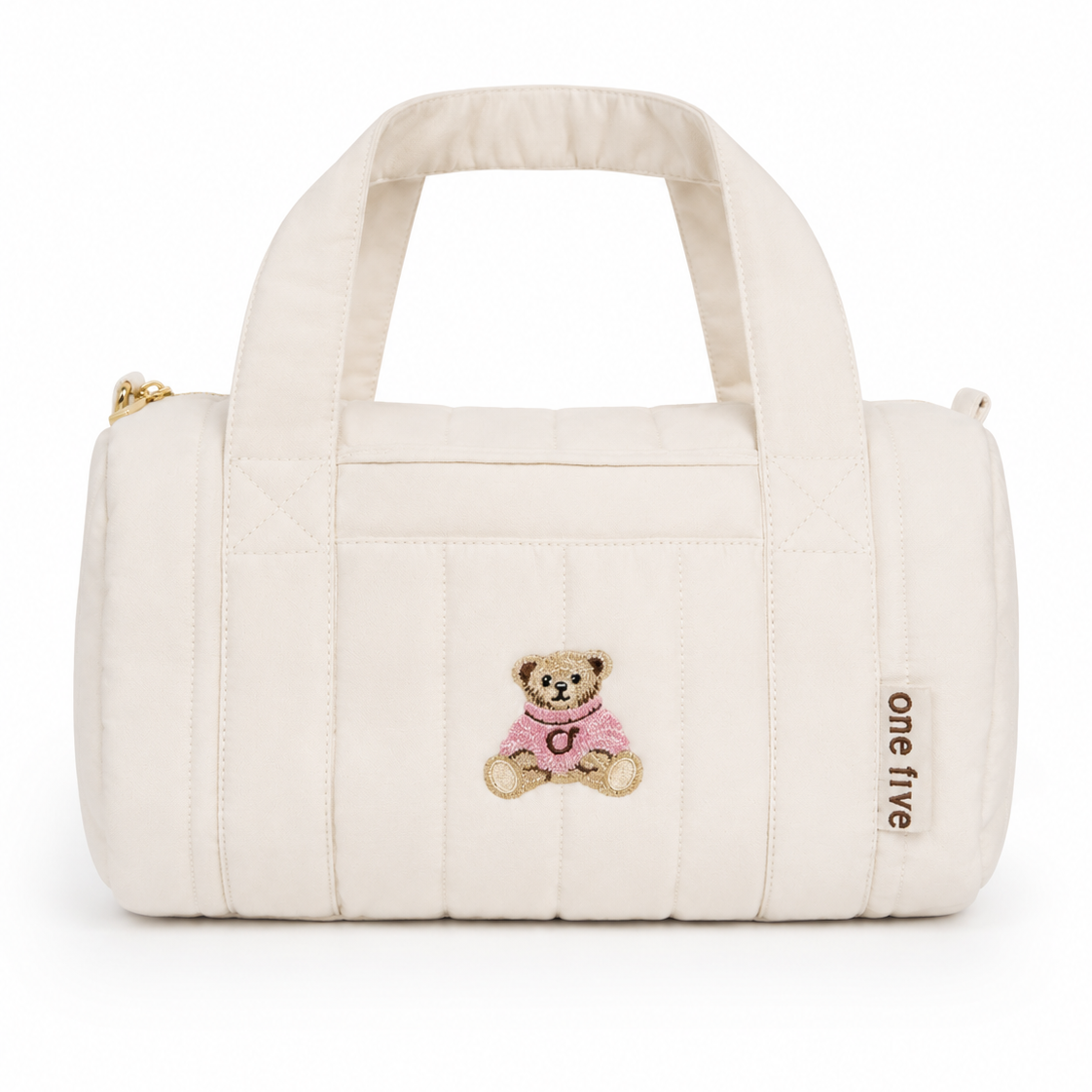 Bolso Teddy OneFive vista frontal acolchado blanco bordado osito