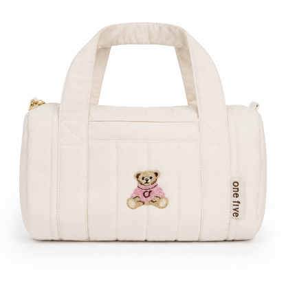 Bolso Teddy OneFive vista frontal acolchado blanco bordado osito