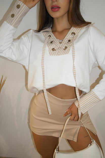 Buzo Paulet OneFive vista frontal algodón blanco detalles lino beige