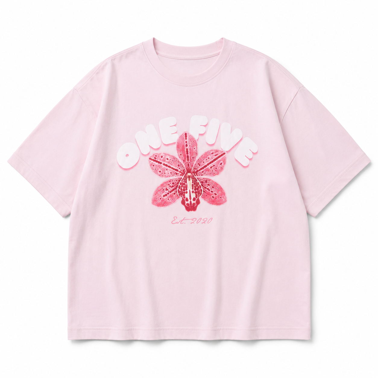 Oversize Entre Flores OneFive vista frontal estampado orquídea rosa pastel