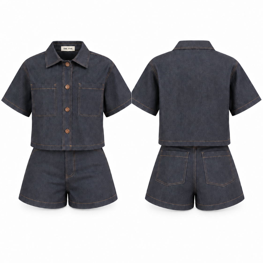 Set Breeze Índigo OneFive vista frontal camisa crop y short denim índigo costuras contraste
