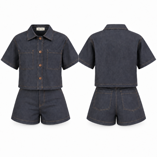 Set Breeze Índigo OneFive vista frontal camisa crop y short denim índigo costuras contraste