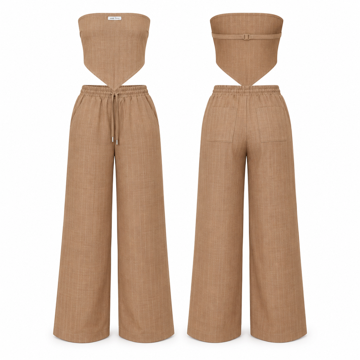 Set Fiori OneFive vista frontal y trasera corset strapless pantalón wide leg camel