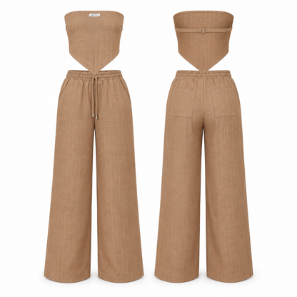 Set Fiori OneFive vista frontal y trasera corset strapless pantalón wide leg camel