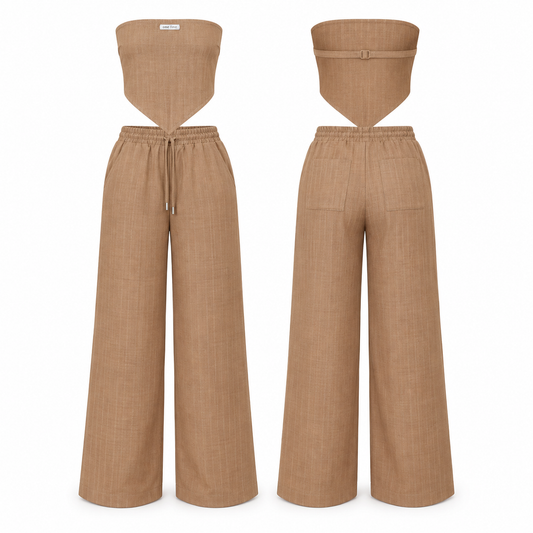 Set Fiori OneFive vista frontal y trasera corset strapless pantalón wide leg camel