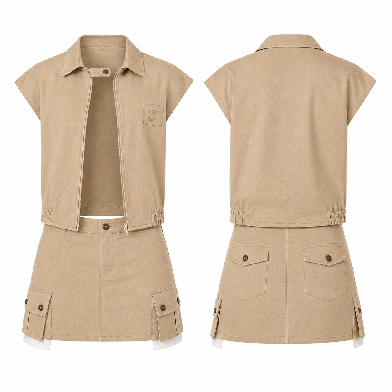 Set Montserrat OneFive vista frontal y trasera chaqueta crop y minifalda cargo bengalina beige