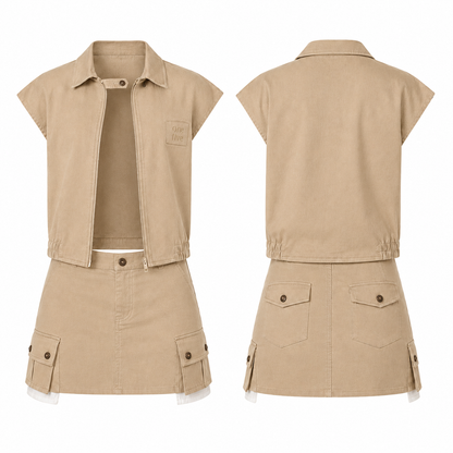 Set Montserrat OneFive vista frontal y trasera chaqueta crop y minifalda cargo bengalina beige