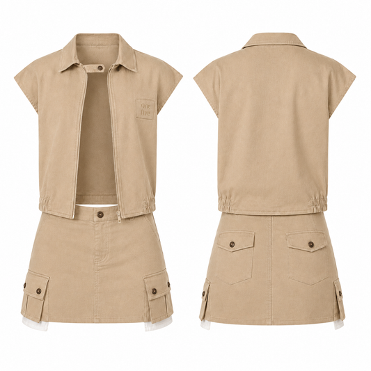 Set Montserrat OneFive vista frontal y trasera chaqueta crop y minifalda cargo bengalina beige