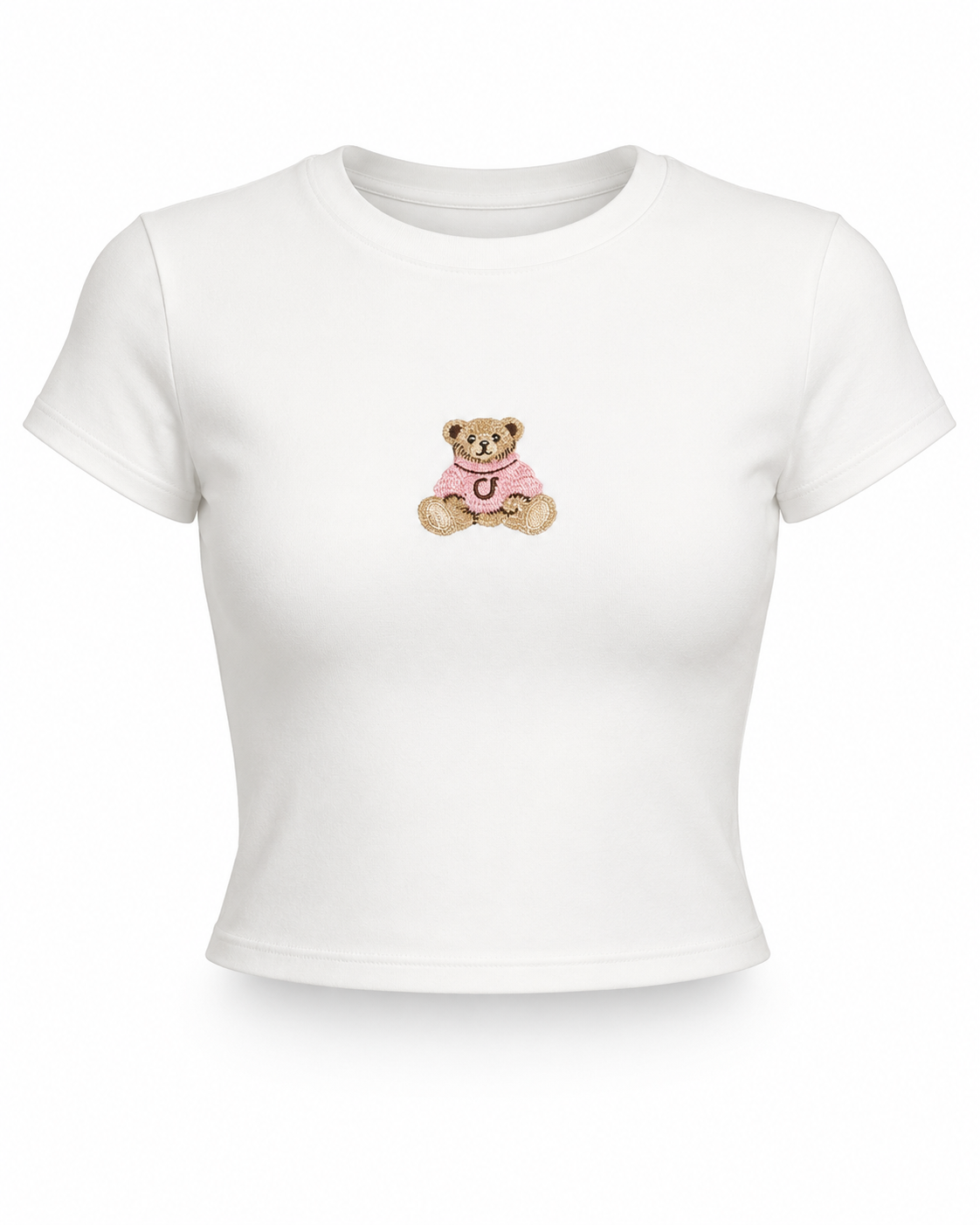 Top Teddy OneFive vista frontal crop top blanco bordado osito