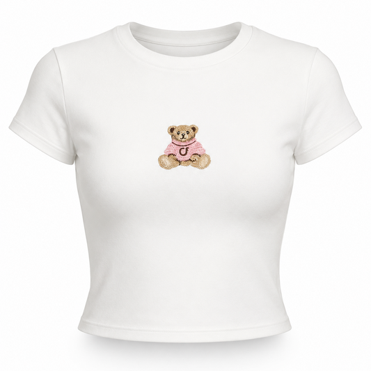 Top Teddy OneFive vista frontal crop top blanco bordado osito